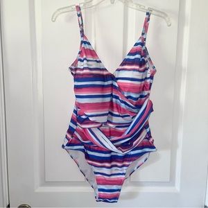 Catherine Malandrino blue pink& white criss cross one piece swim bathing suit XL